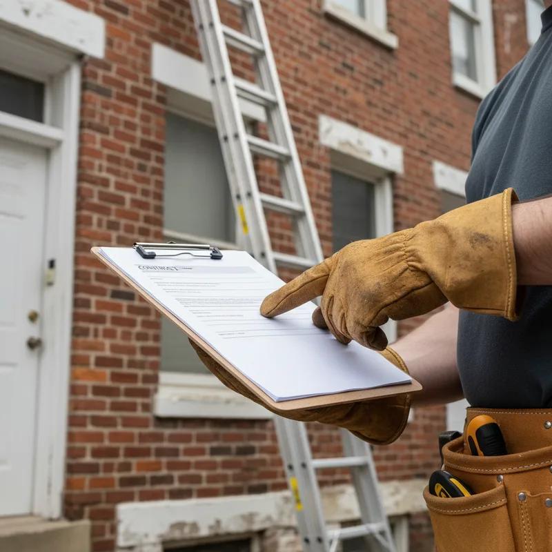 A licensed Philadelphia roofing contractor reviewing a written estimate with a homeowner on the front steps of a brick row home in a residential neighborhood