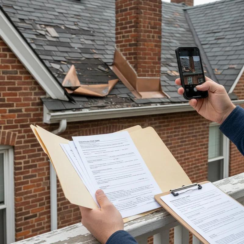 A homeowner and roofing contractor meeting with an insurance adjuster on a Philadelphia rooftop to review storm damage documentation and photos