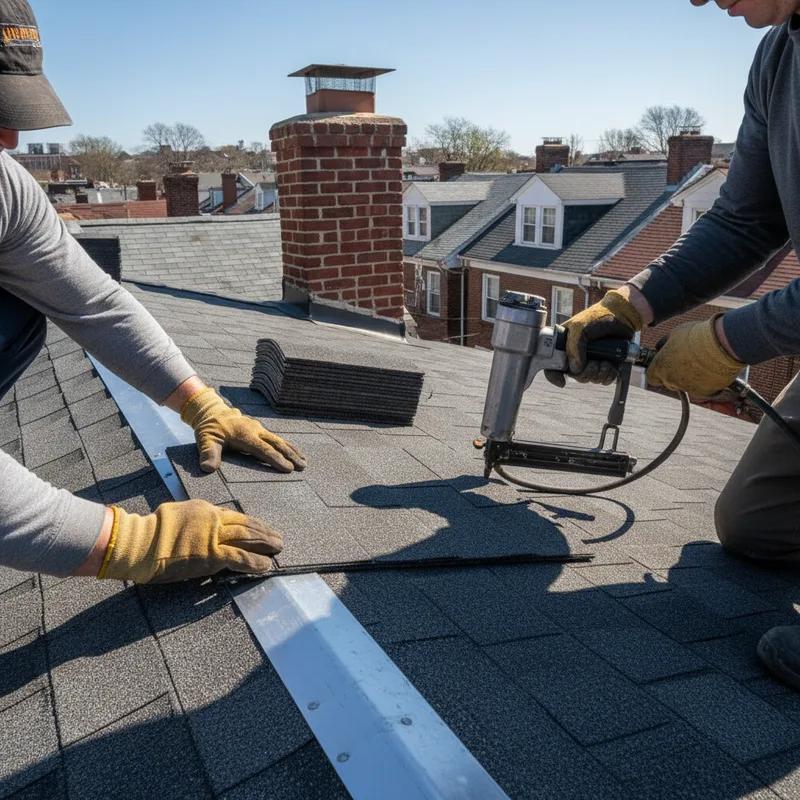 A roofing crew installing new architectural shingles on a Philadelphia row home while a dumpster sits in the street below, with the city skyline visible in the background