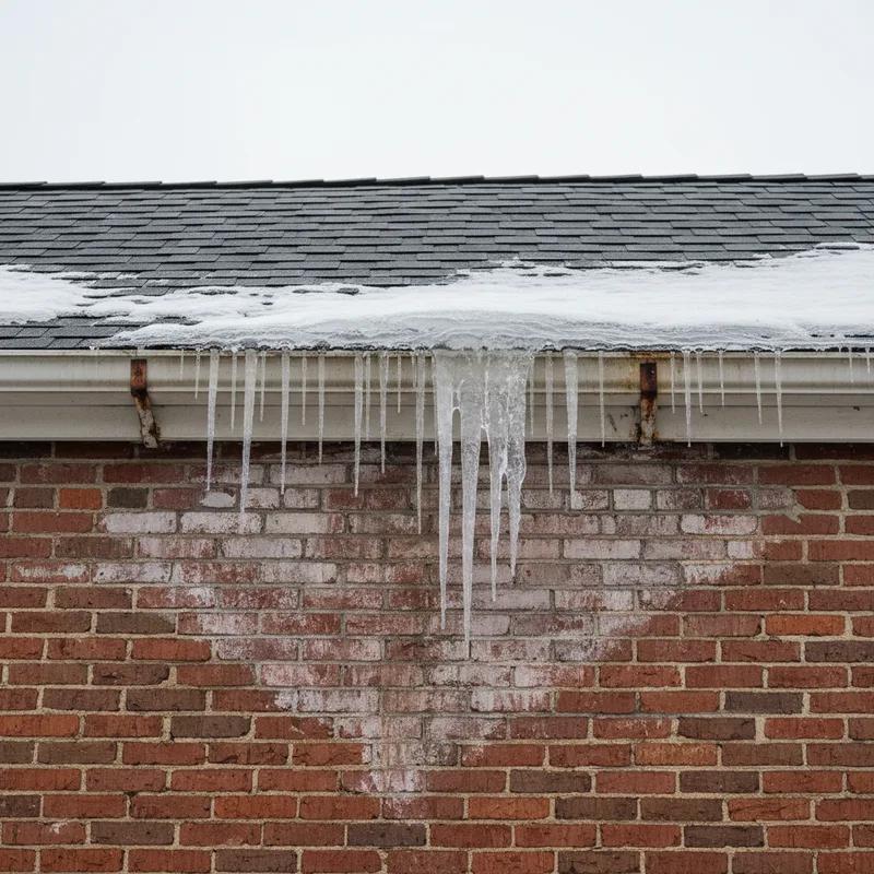 Close-up of a large ice dam forming along the eave edge of a Philadelphia row home roof with icicles hanging over a brick facade during winter