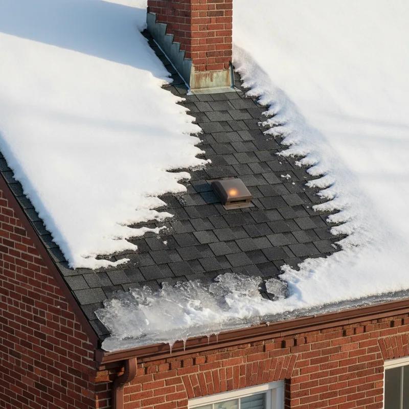 Diagram-style photo showing snow melting near a roof ridge and refreezing at the eave on a Philadelphia row home, illustrating the ice dam formation cycle