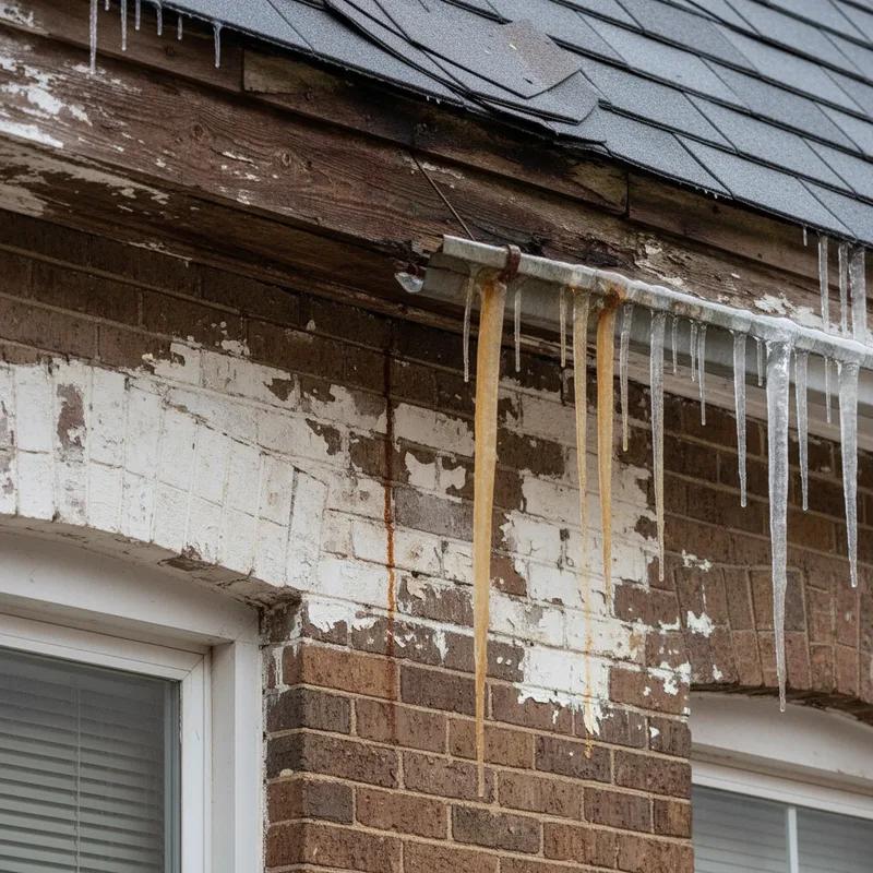 Interior ceiling of a Philadelphia home showing water stains and peeling paint caused by ice dam water infiltration during winter