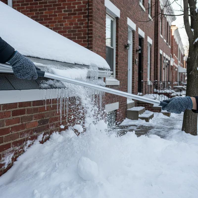 Philadelphia homeowner safely using a long-handled roof rake from the ground to remove snow from the lower edge of a row home roof in winter