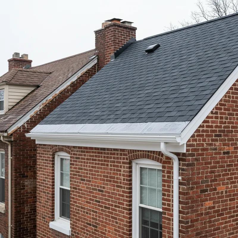 Roofing contractor installing ice-and-water shield membrane along the eave of a Philadelphia row home roof during a roof replacement project