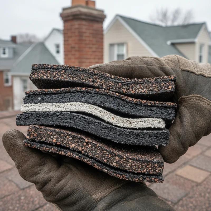 Close-up of asphalt shingles being installed on a Philadelphia row home roof with a contractor in the background, illustrating the petroleum-based materials used in roofing