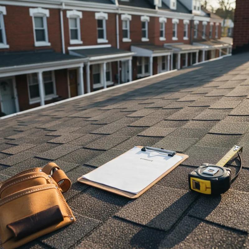 Philadelphia homeowner reviewing a roofing estimate document at a kitchen table with a contractor, with row homes visible through the window behind them