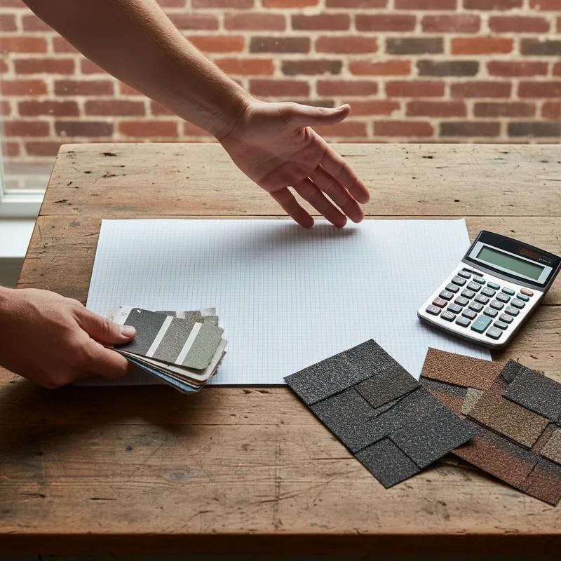 Philadelphia homeowner comparing three printed roofing estimates spread out on a table, with a calculator and notepad nearby, planning a roof replacement budget