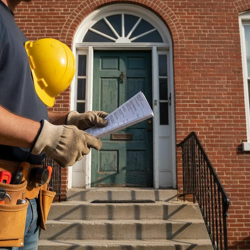 Philadelphia Department of Licenses and Inspections building exterior with a homeowner consulting paperwork, representing the permit process for roof replacement projects