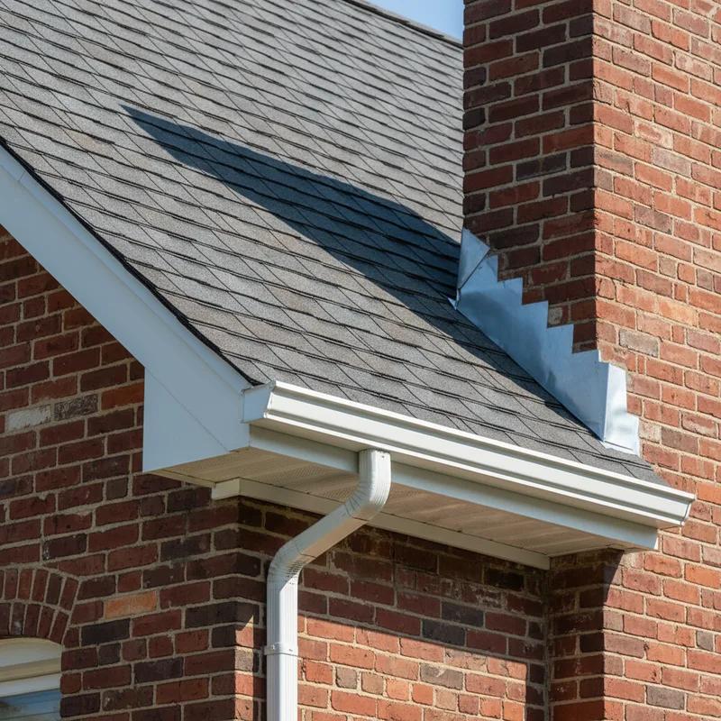 Philadelphia homeowner on a ladder performing a spring roof inspection on a row home, checking shingles and gutters with the city skyline visible in the background