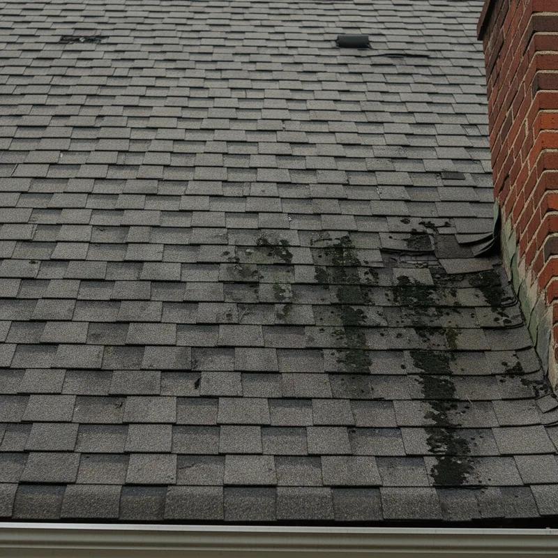 Close-up of weathered and curling asphalt shingles on an older Philadelphia row home roof showing signs of age and wear