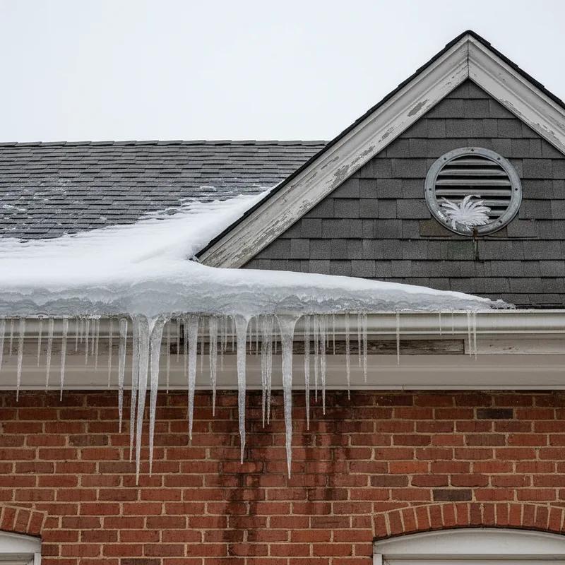 Ice dam formation along the eaves of a brick Philadelphia row home roof during a winter freeze-thaw cycle