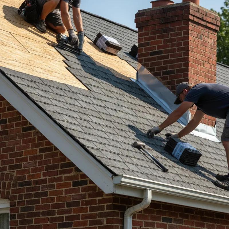 Roofing crew installing new architectural asphalt shingles on a Philadelphia twin home on a clear spring day