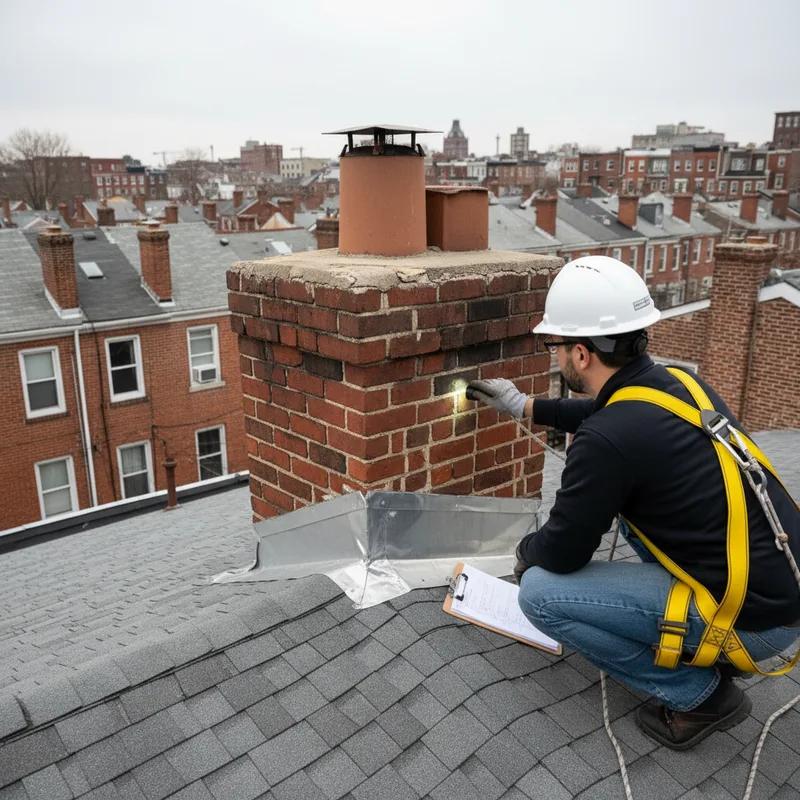 Independent roof inspector examining flat roof membrane on a Philadelphia rowhouse with a clipboard and inspection checklist