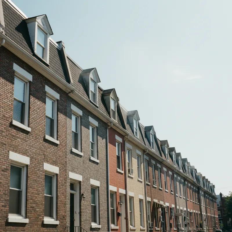 Aerial view of a dense Philadelphia residential neighborhood on a sunny summer day, showing rooftops shimmering in the heat with a clear blue sky overhead