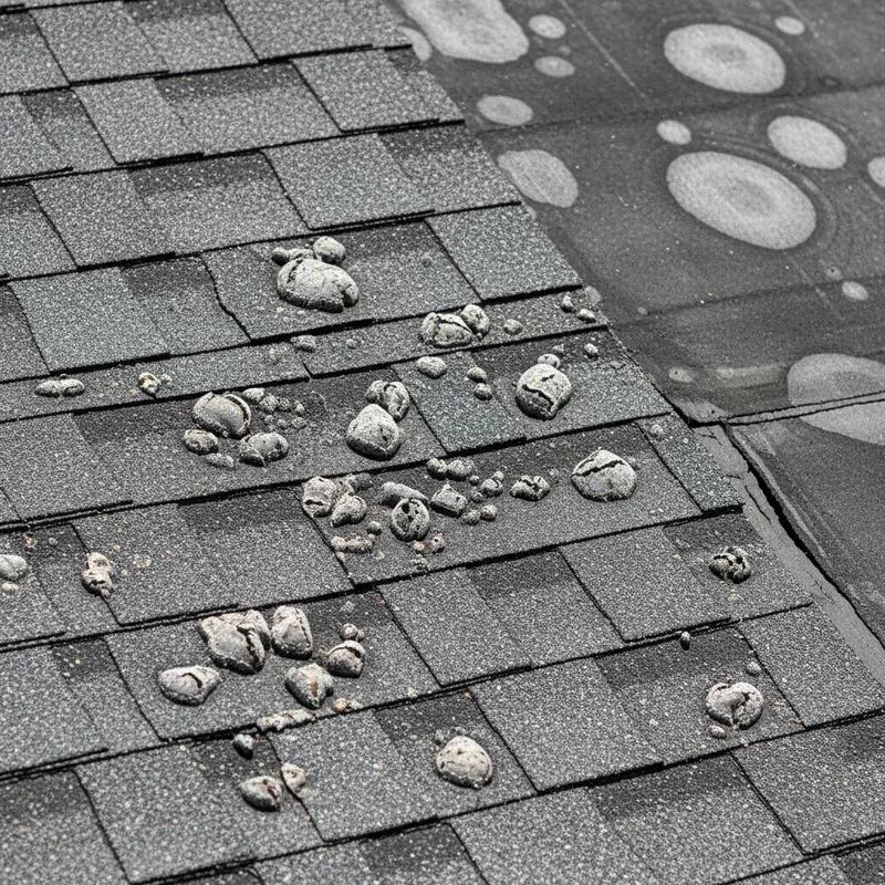 Close-up of curling and blistered asphalt shingles on a Philadelphia row home roof showing heat damage, with granule loss visible on the shingle surface