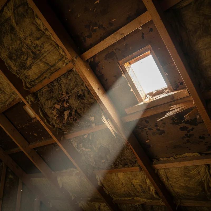 A roofing contractor inspecting attic ventilation in a Philadelphia row home, with a ridge vent and soffit vent visible and a thermometer showing high attic temperature