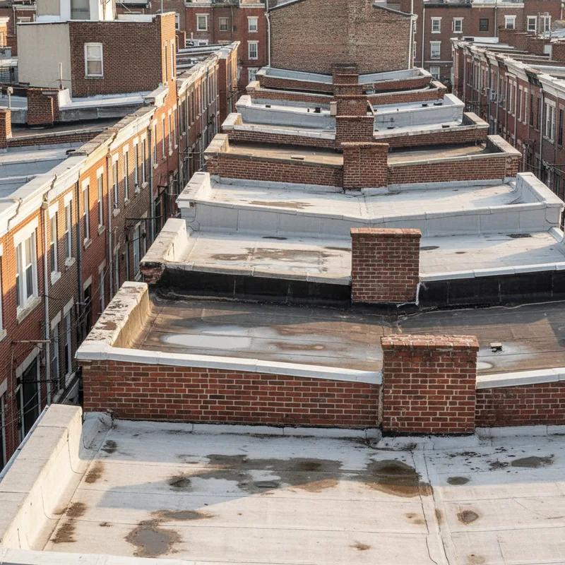 A row of classic Philadelphia brick row homes in summer, showing flat rooftops with visible flashing along party walls and a contractor inspecting the roof surface