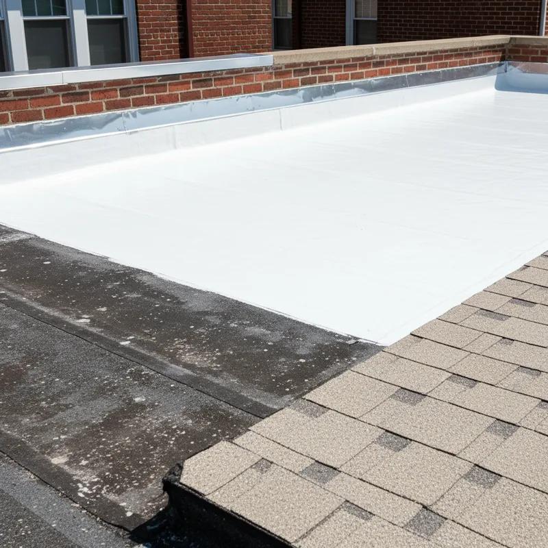 A roofing contractor applying white reflective elastomeric coating to a flat roof on a Philadelphia row home on a sunny summer day, with the city skyline visible in the background