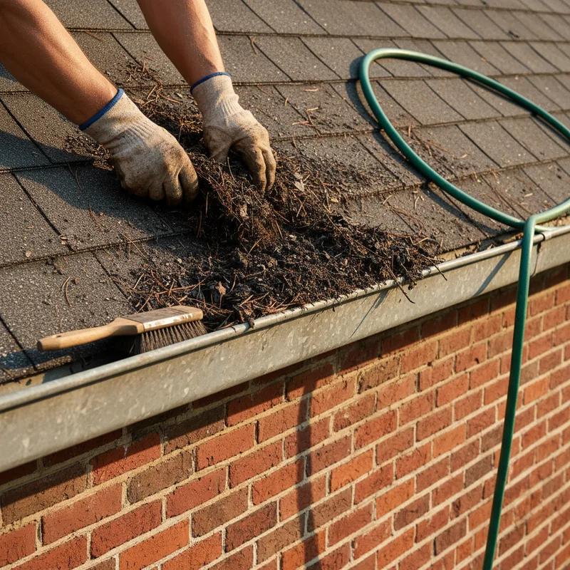 A Philadelphia homeowner on a ladder inspecting the edge of their row home's flat roof in summer, checking gutters for granule buildup while wearing safety equipment