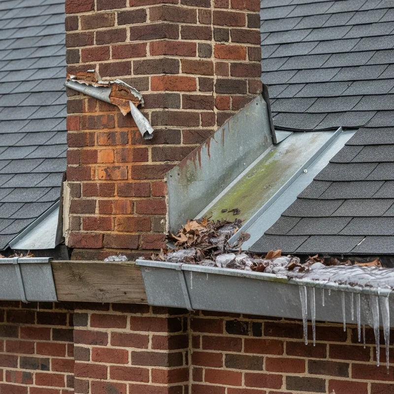 Close-up of deteriorated chimney flashing on a Philadelphia brick row home with visible gaps in mortar and rust staining on the surrounding shingles