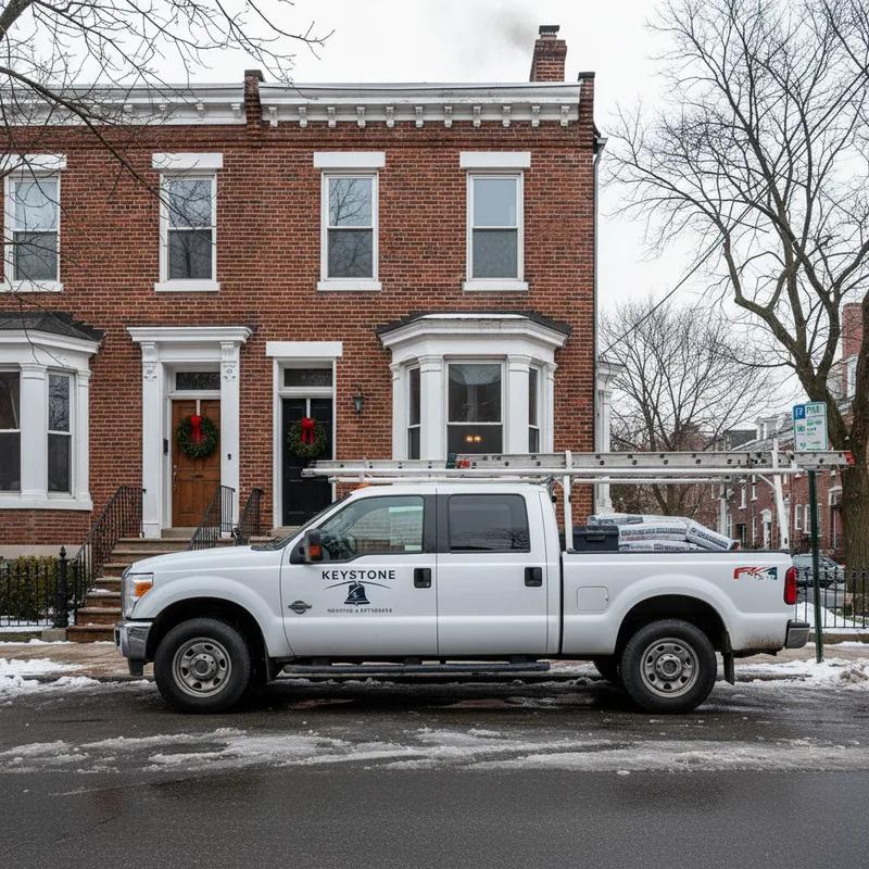 Philadelphia homeowner reviewing a written roofing contract with a licensed contractor at a kitchen table, with roofing material samples and a clipboard visible