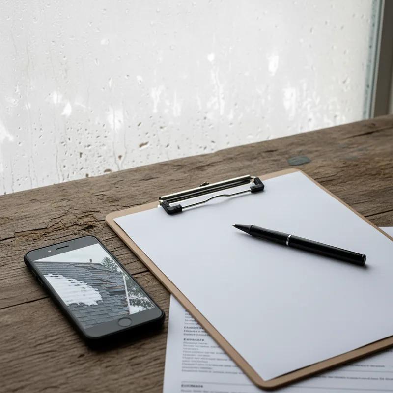 Philadelphia homeowner on the phone with an insurance company while reviewing roof damage photos on a laptop, with paperwork and repair estimates spread on a desk