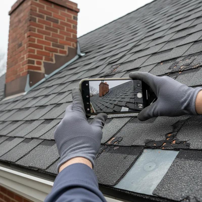 Philadelphia homeowner standing in backyard photographing storm damage on a row home's flat roof with a smartphone after a spring nor'easter