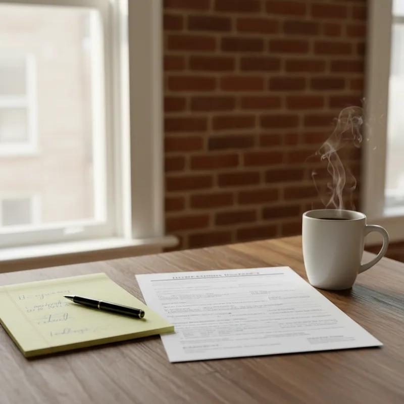 Close-up of a Pennsylvania homeowners insurance policy document open on a kitchen table next to a calculator and pen, with roof repair estimates nearby
