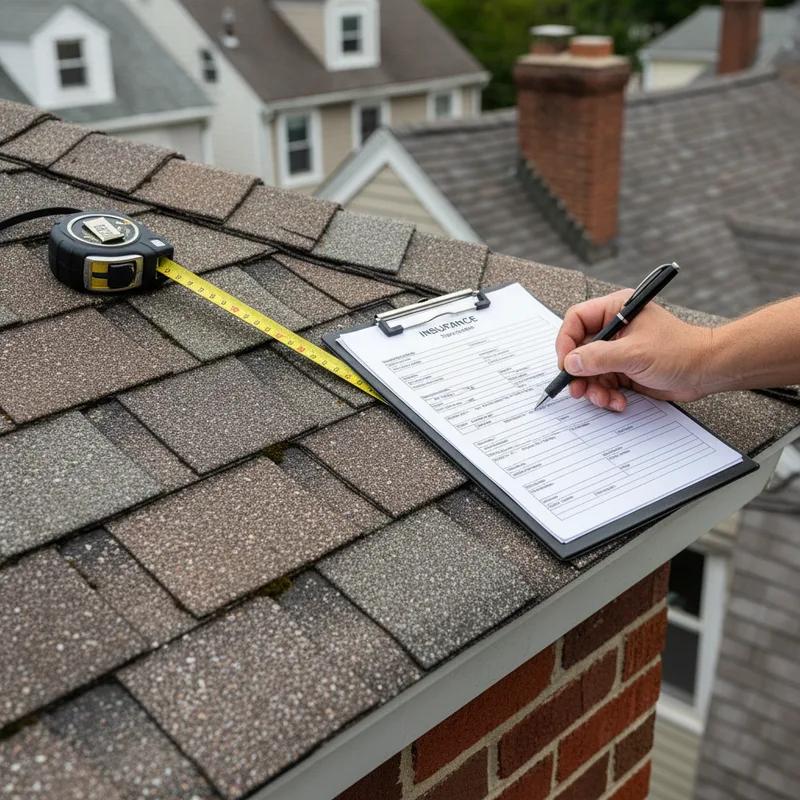 A homeowner and a roofing contractor reviewing storm damage on a Philadelphia row home's shingle roof alongside an insurance adjuster with a clipboard