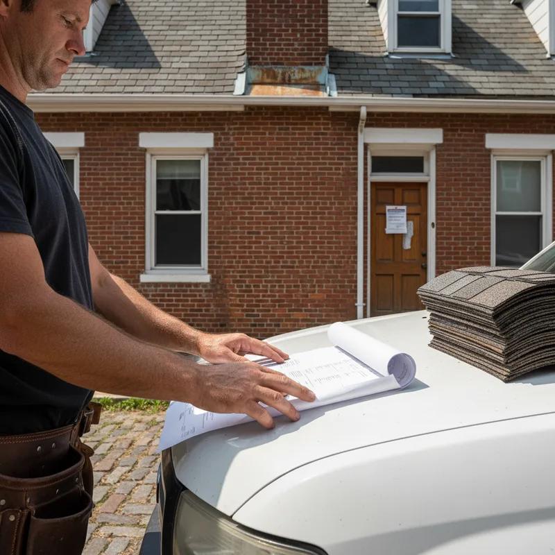 A licensed Philadelphia roofing contractor presenting a detailed written estimate to a homeowner on a tablet while standing outside a Fishtown row home