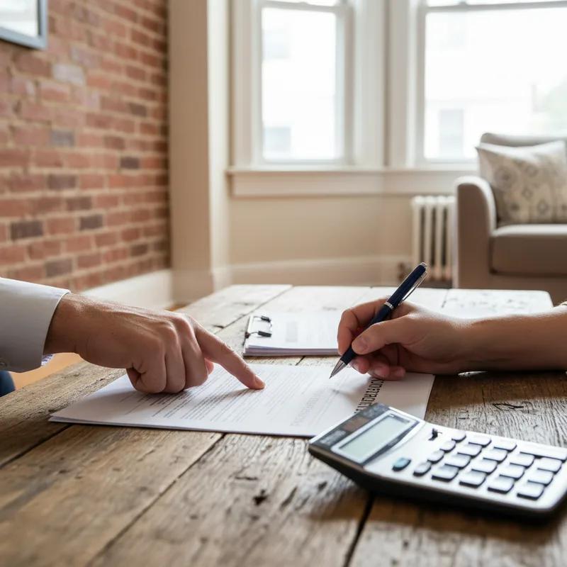 A Philadelphia homeowner sitting at a desk reviewing insurance settlement documents and contractor estimates side by side, making notes on a legal pad