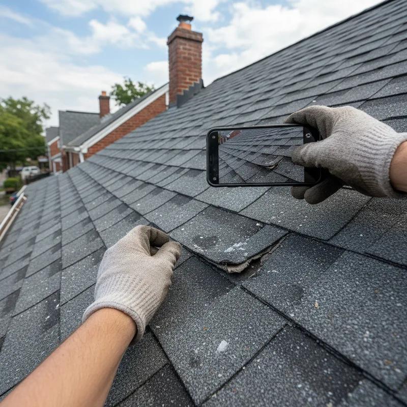 Philadelphia homeowner photographing hail damage and missing shingles on a row home roof from the ground using a smartphone, with debris visible in the gutters