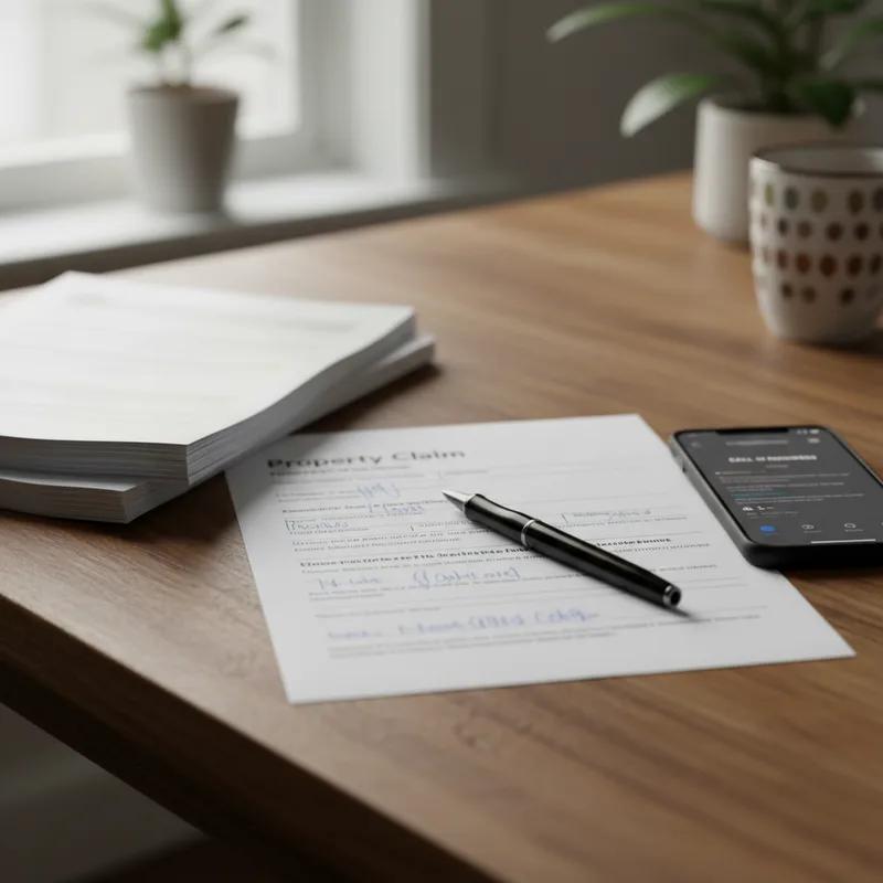 Philadelphia homeowner sitting at a kitchen table reviewing a homeowners insurance policy document with a laptop open to an online claims portal, storm visible through the window