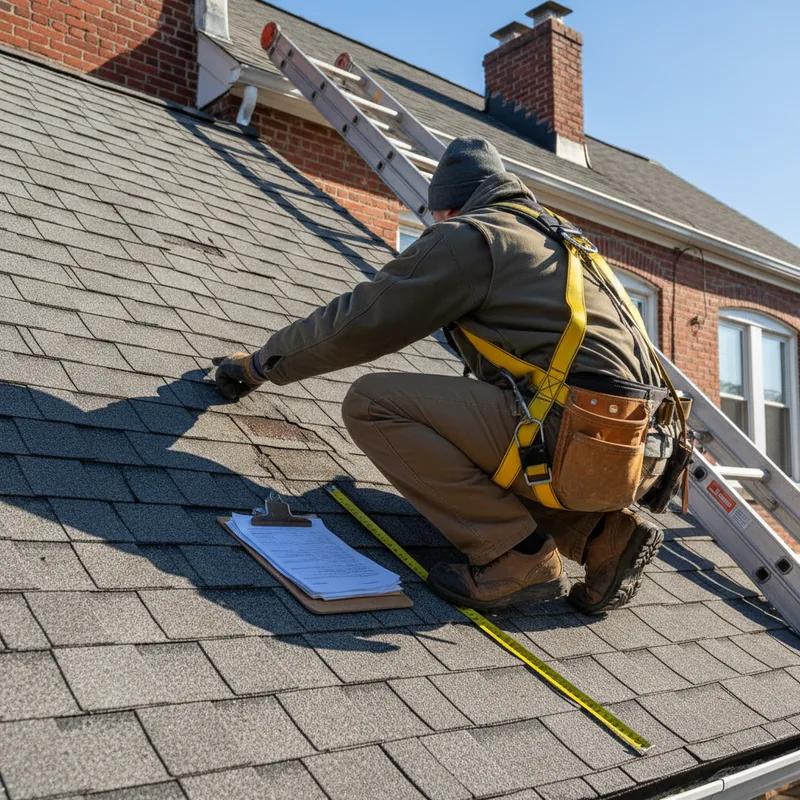 Licensed Philadelphia roofing contractor in safety gear reviewing a written estimate with a homeowner on a front stoop in a South Philadelphia row home neighborhood