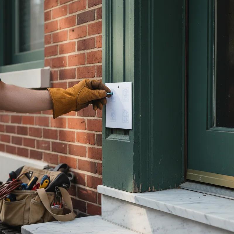 Philadelphia Department of Licenses and Inspections building exterior with a homeowner consulting paperwork, representing the permitting process for post-storm roof repairs