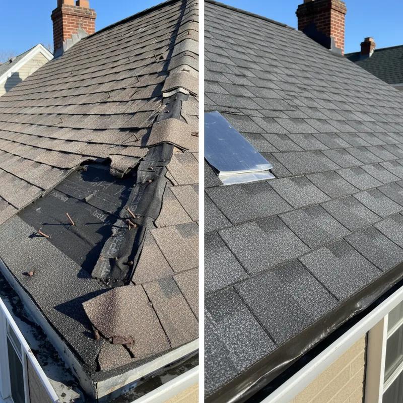 Philadelphia homeowner organizing a folder of storm damage photos, contractor estimates, and insurance correspondence at a home office desk, with a laptop showing an insurance claims portal