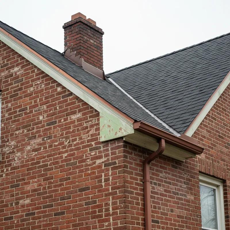 A Philadelphia homeowner standing in their backyard using binoculars to inspect the shingle roof of their row home on a clear spring day