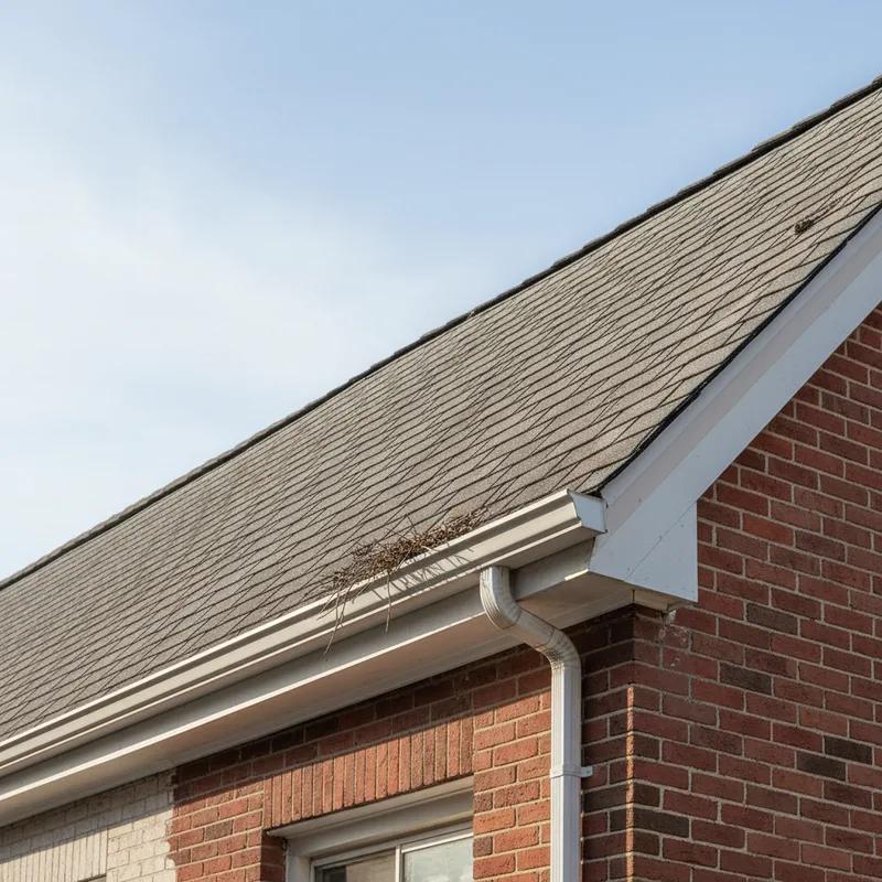 Close-up view from the ground of a Philadelphia row home roof showing curling asphalt shingles and dark algae streaking near the ridge line
