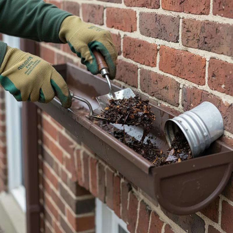 A homeowner on a ladder cleaning leaves and debris out of a clogged gutter on a Philadelphia row home in autumn, with fallen leaves visible on the sidewalk below