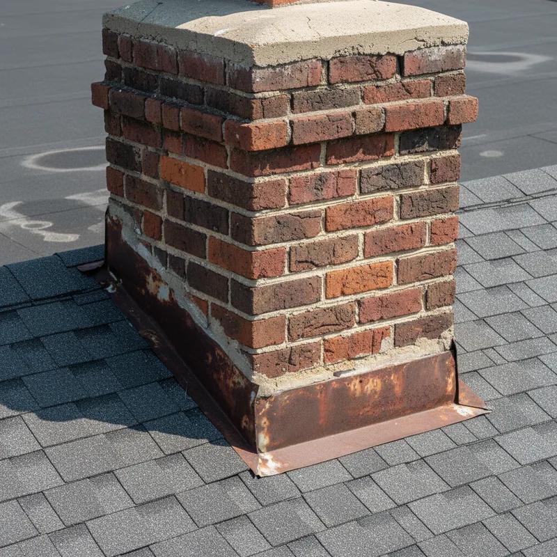 A close-up of deteriorating brick chimney flashing on a Philadelphia row home, showing lifted metal edges and cracked sealant around the chimney base