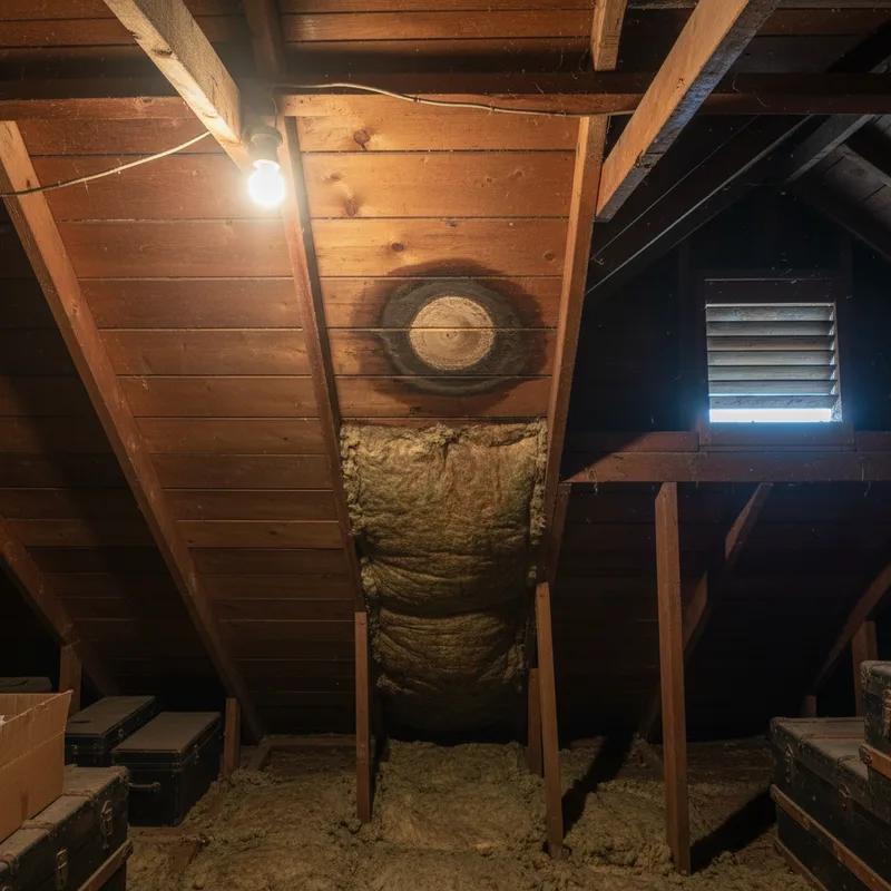 A homeowner shining a flashlight into a Philadelphia row home attic, revealing dark water staining on wooden roof rafters near a chimney penetration