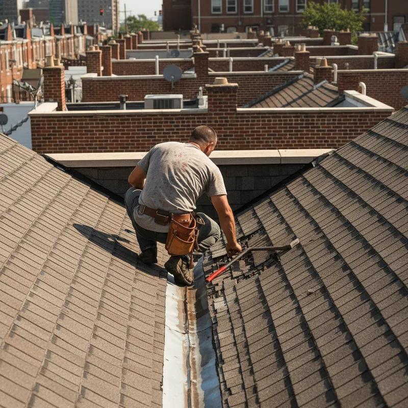 A licensed Philadelphia roofing contractor in a safety harness inspecting storm damage on a steep-pitch shingle roof in a South Philadelphia neighborhood