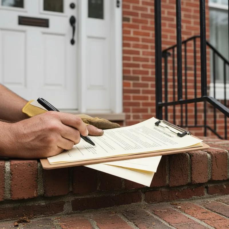 Philadelphia homeowner reviewing roofing contract and permit documents at a kitchen table with a laptop showing the eCLIPSE permit portal