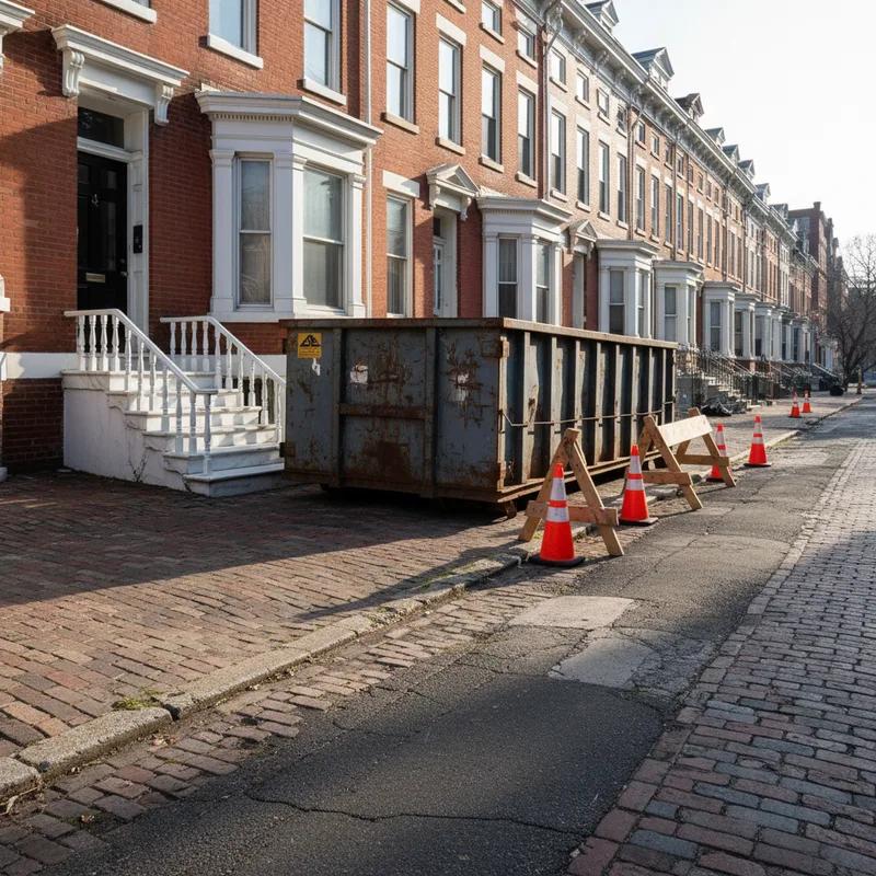 Roofing contractor truck and dumpster parked on a narrow Philadelphia rowhouse street with orange traffic cones marking the work zone