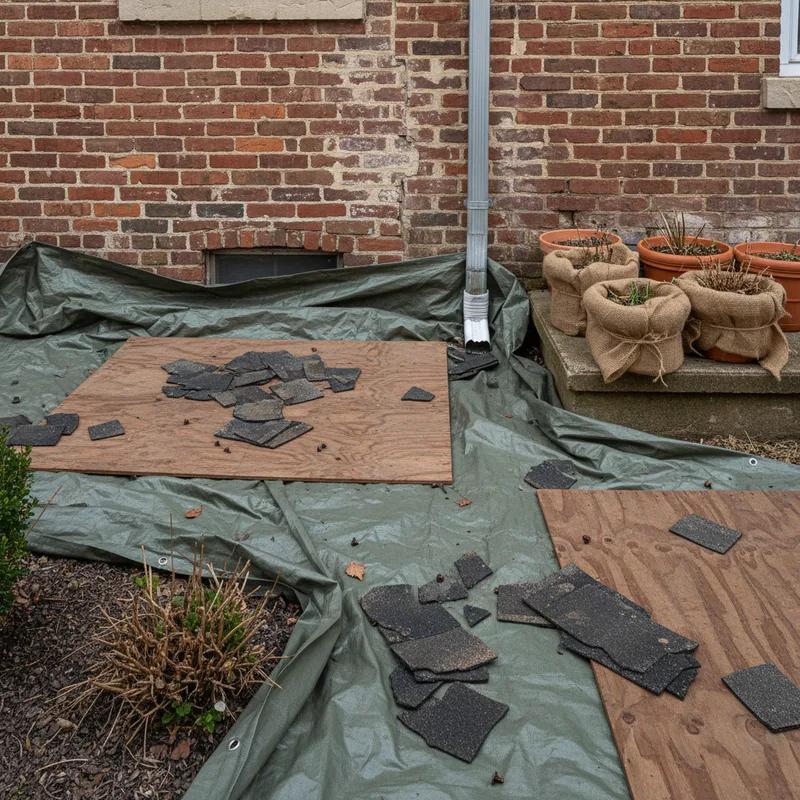 Philadelphia homeowner covering garden beds with plywood boards and tarps along the side of a brick rowhouse before a roof replacement
