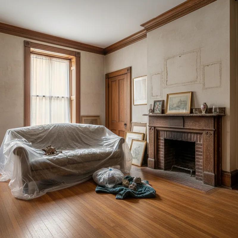 Homeowner carefully removing framed artwork from a plaster wall in a Philadelphia rowhouse interior before a noisy roof replacement project