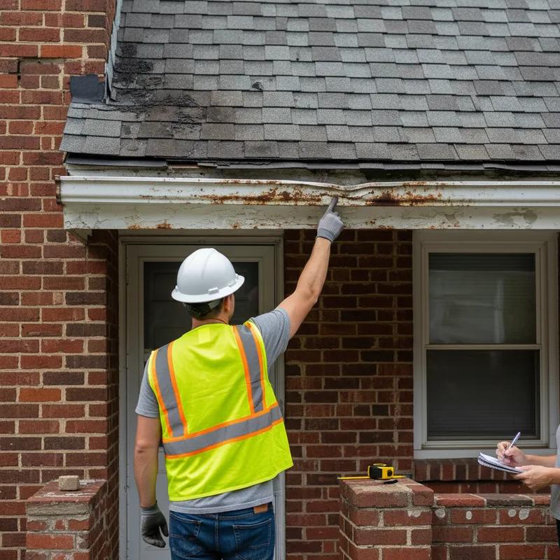 Philadelphia homeowner and roofing contractor standing outside a brick rowhouse during a pre-job walkthrough, reviewing a project checklist on a clipboard