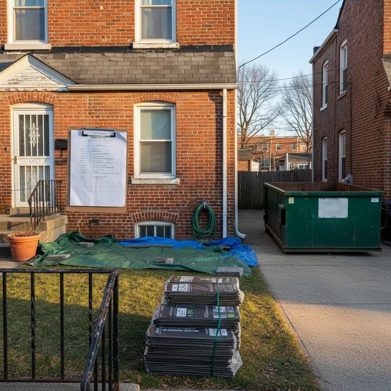 Philadelphia homeowner doing a final morning walkthrough around their brick home, checking the cleared yard and unlocked gate before the roofing crew arrives