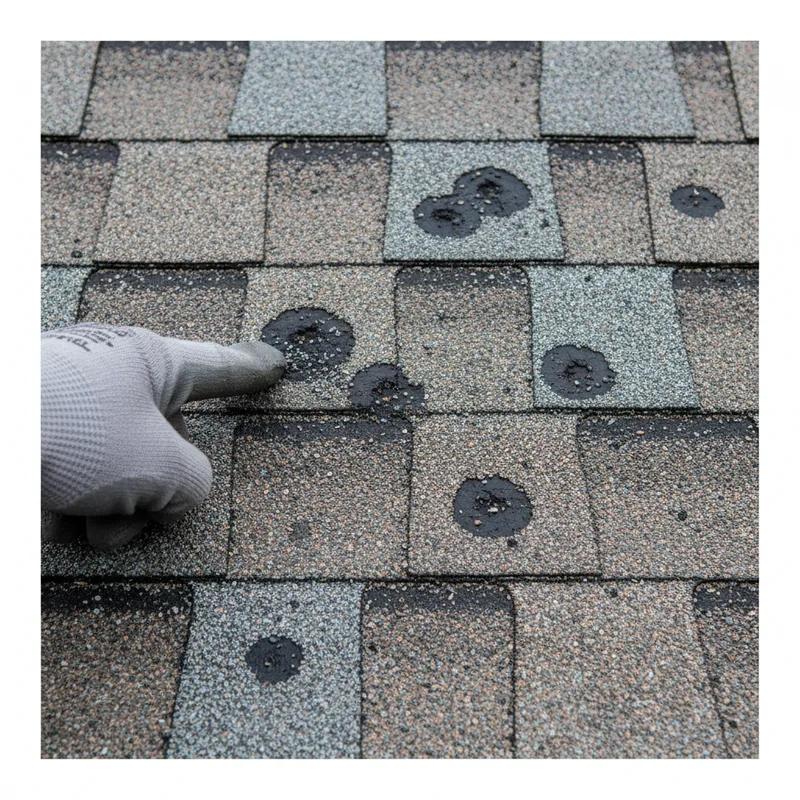 Close-up of an asphalt shingle showing circular hail impact marks with granule loss and exposed dark mat, typical of moderate hail damage on a Philadelphia row home roof