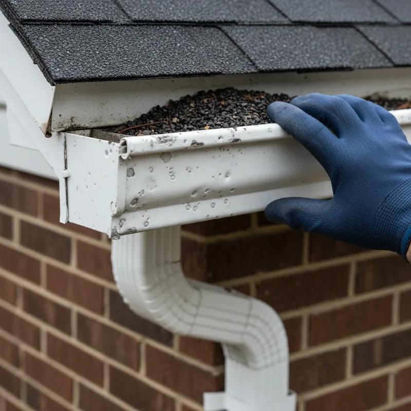 A close-up of a Philadelphia home's aluminum gutters showing multiple round dent marks from hail impacts, with granule deposits visible inside the gutter trough